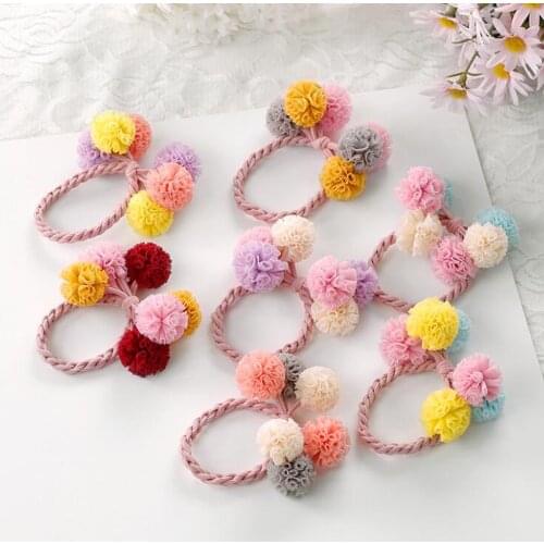 Cute Little Girls Multi Colorful Lace Ball Pom Pom Hair Bands Holders Elastic Hair Ties Hair Accessories For Kids HT092