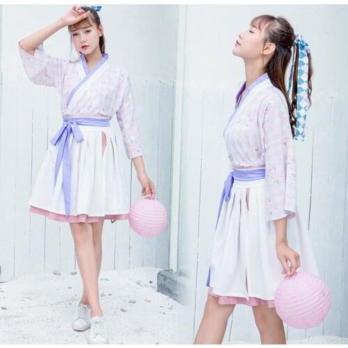 Summer improved Hanfu female Han element cross collar Plaid printed middle sleeve top Ru skirt student performance suit