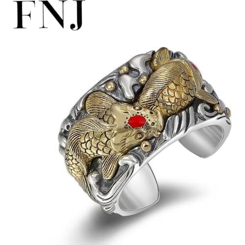 FNJ Fish Big Rings 925 Silver Adjustable Size Open Popular S925 Solid Silver Ring for Women Jewelry Fine Good Luck