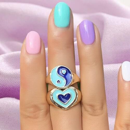 New INS 2pcs Blue Double Heart Yin Yang Ring for Women Y2k Jewelry Egirl Aesthetic Goth Punk Ring Charm 90s Fashion Friends Gift