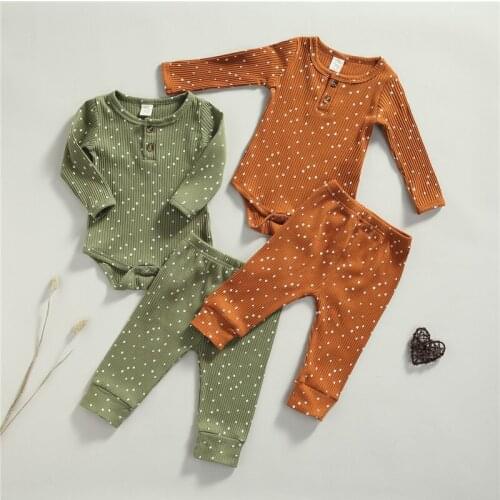 0-24m Baby Boys Ribbed Clothes Set Polka Dot Print Long Sleeve Romper Elastic Waist Trousers Outfits For Boys Spring Fall Set