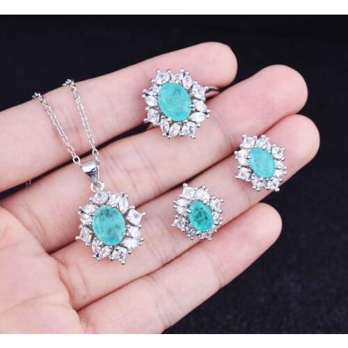 Vintage 925 Sterling Silver Oavl Paraíba Tourmaline Emerald Gemstone Pendants Necklaces Earrings Rings Jewelry Set Wholesale