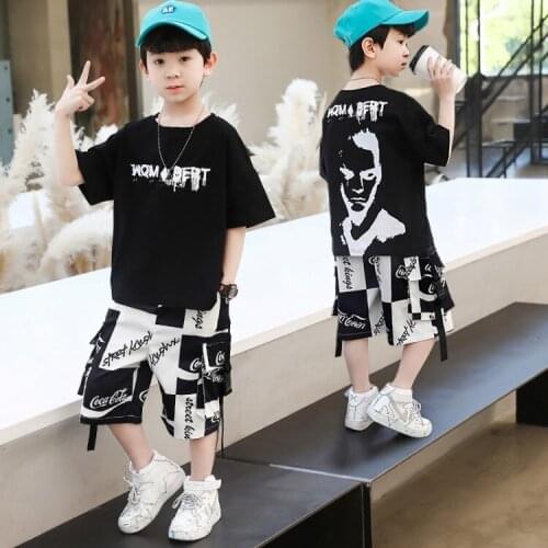 4-10 Years Teen Boys Clothing Set Childrens Hip Hop Dance Clothes Suit Korean Loose Print T-shirts Shorts 2pcs Sets For Big Boy