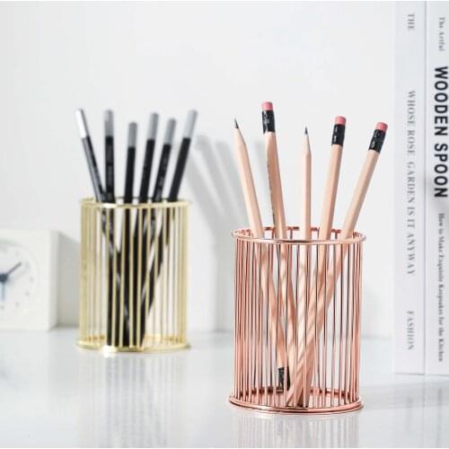Rose Gold/Gold Wire Metal Pencil Holder Cup Pen Pot Drum Shape Makeup Brush Holders for Office Home