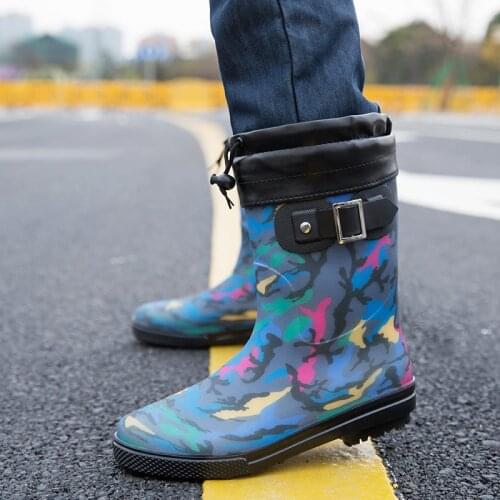 Mens Rainshoes High Tube Fashion Rain Boots Mens Rubber Shoes Car Washing Shoe Cover Shoes Non-Slip Warm Waterproof Shoes Men