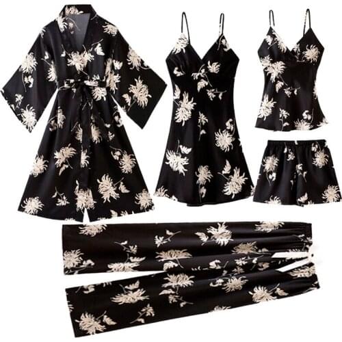 Sexy 5PCS Women Sleepwear Robe Set Silky Satin Kimono Gown Black Floral Printing Bathrobe Nightgown Loose Comfy Home Clothes