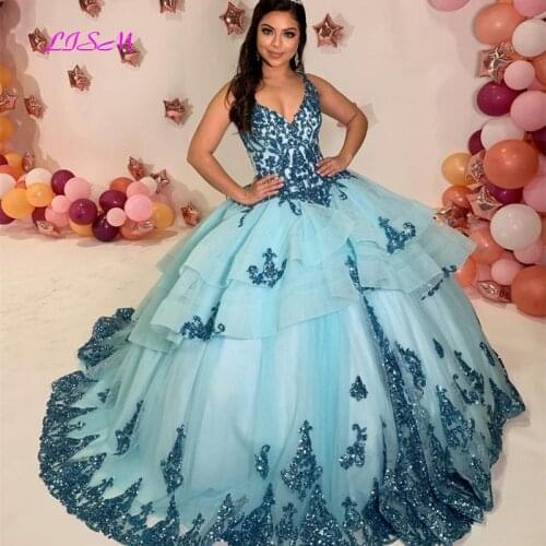 V-Neck Quinceanera Dress Tiered Ruffles Applique Sequined Beaded Princess Party Prom Dress Sweet 15 Pageant Ball Gown Sleeveless