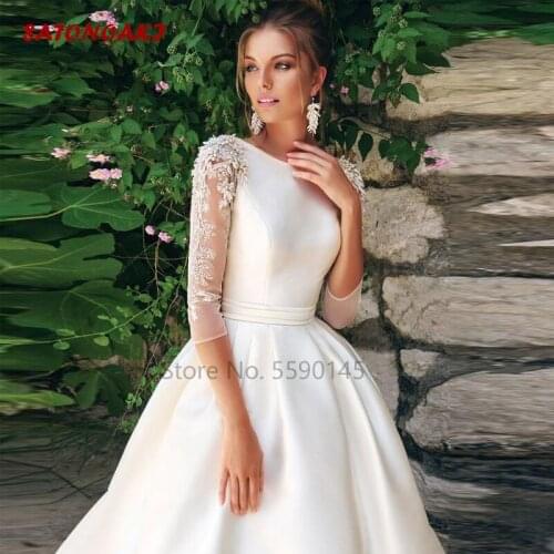 A-Line Satin Wedding Dress O-Neck 3/4 Sleeves Beading Applique With Belt Sweep Train Lace-Up High Quality Bridal Gown Vestidos
