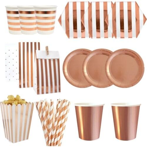 Rose Gold Party Wedding Decor Champagne Paper Plate Cup Napkin Birthday Party Kids Baby Shower Disposable Tableware Supplies
