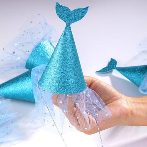 Mermaid Party Paper Hat Blue Yarn Glitter Papery Kids Cake Topper Birthday Party Decorations Baby Shower Wedding Supplies DGU35