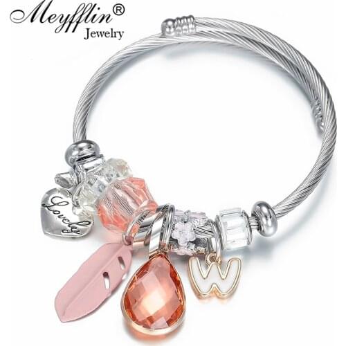 Meyfflin Antique Silver Charm Bracelet & Bangle with Droplets Feather Pendant Crystal Ball Heart Women Bracelet Fashion Jewelry