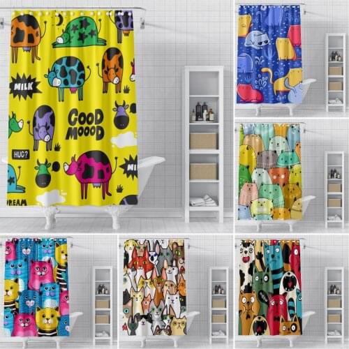 Cartoon Bath Curtain Waterproof Shower Curtains Polyester Cat Cow Pattern Bath Screen Curtain for Bathroom douchegordijn