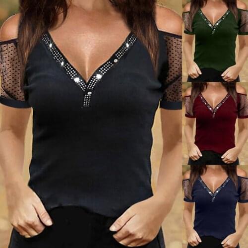Ladies V Neck Lace Patchwork Short Sleeve T Shirt Women Casual Off Shoulder Sexy Loose T Shirt Female Tops