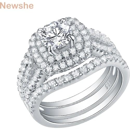 Newshe 3 Pieces 925 Sterling Silver Wedding Rings For Women 2 Ct AAA CZ Blue Side Stones Classic Jewelry Engagement Ring Set
