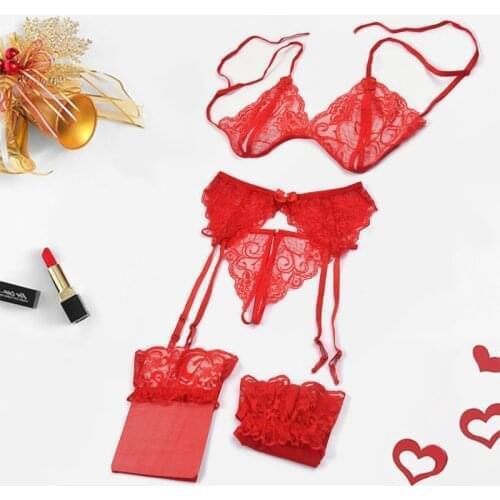 4Pcs Babydoll Porno Costumes Women Erotic Sexy Lingerie Lace Transparent Underwear Bras & G-String & Net Socks & Sling Baby Doll