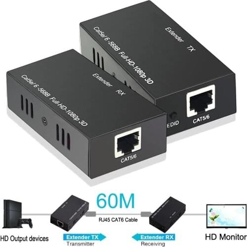 60M HDMI-compatible Extender Via Cat5e Cat6 RJ45 Ethernet Cable Transmitter Receiver 1080p Audio Video Converter Computer To TV