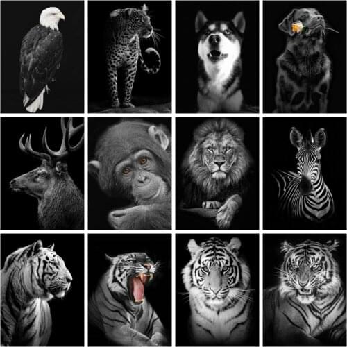 Huacan Diamond Painting Animals Black White Mosaic Tiger Lion Embroidery Dog Eagle Home Decor