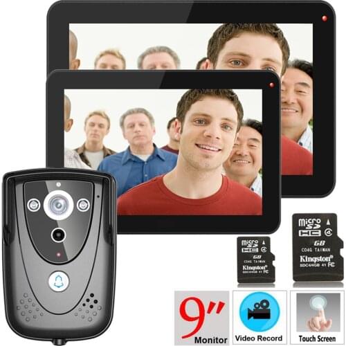 Free Shipping! 9" 2 Monitors DVR Color Touch Screen Video Door Phone with PIR Record intercom System with IR camera 8G SD card