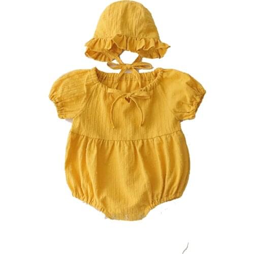 Baby Girls O-neck Short Sleeve Elastic Solid Color Korean Style Cotton Triangle Rompers+Hats 2PCS Dressing Rompers