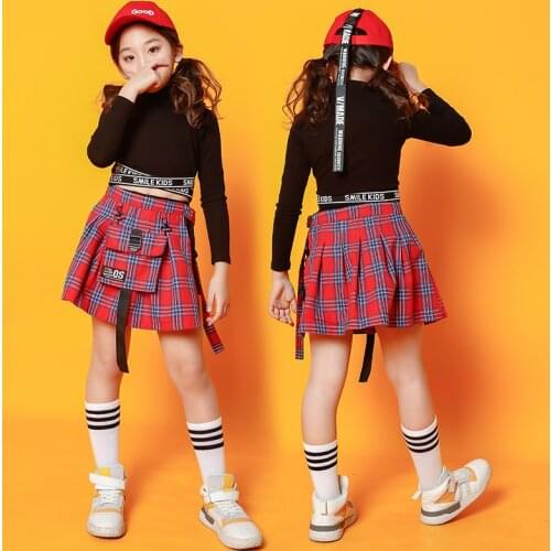 Bazzery Girls Tartan Mini Skirt Jazz Culottes Hip Hop Children Clothes Crop Top Pantskirt Kids Ballroom Street Dance T Shirt