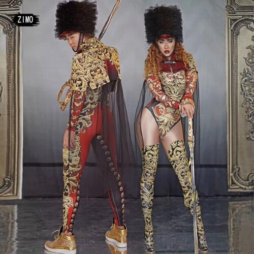 Men And Women Stage Performance Jumpsuit Military Uniforms Role-playing Performance Dance Costume Retro Printed Tights Carnival