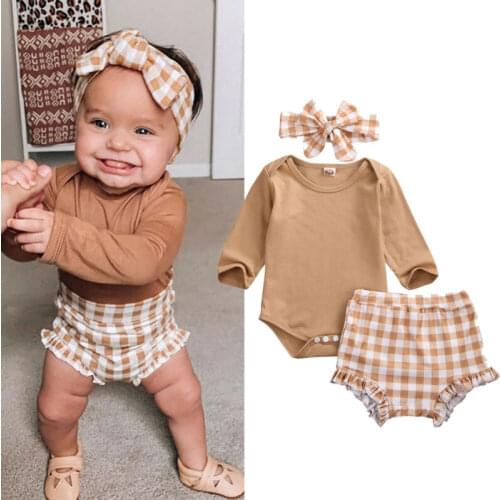 0-24M Newborn Baby Girls Clothes Set Long Sleeve Tops Romper Bodysuit Plaid Shorts Pants+Headband Infant Set Baby Girls Outfits