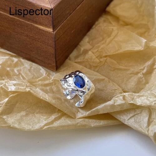 Lispector 925 Sterling Silver Korean Blue Zircon Irregular Rings for Women Men Chic Concave Texture Wide Ring Unisex Jewelry