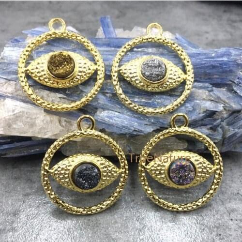 Fashion Greek Eye Mosaic Pendant Gold Brass Charm Evil Eye Druzy Titanium Crystal Quartzs Charm 4 Colors In 35*30 mm PM4775
