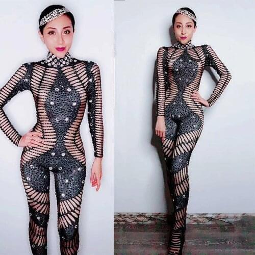 Fashion Printed Spandex Stretch Crystals Jumpsuits Leggings Womens Performance Party Celebrate Luxurious Costume Dance Bodysuits