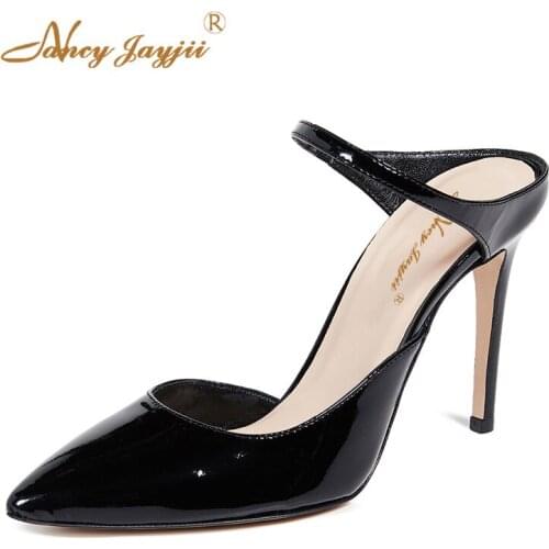 Black Sayvah Women Mules Pumps Ladies Shoes Patent Leather Classic Autumn 2021 Dress Party Super High Heels Plus Size 45 46 40 9