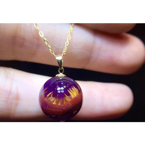 13mm Natural Auralite 23 Cacoxenite Purple Red Pendant Rutilated Quartz Round Sphere Ball Women Men Necklace AAAAA