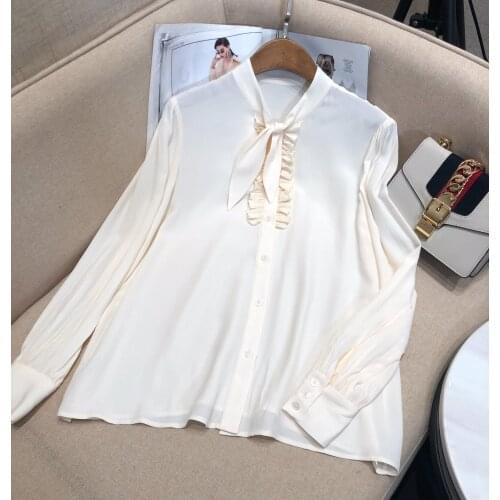 New ladies fashion 2021 long sleeve sexy casual solid color bow neck silk shirt 1009