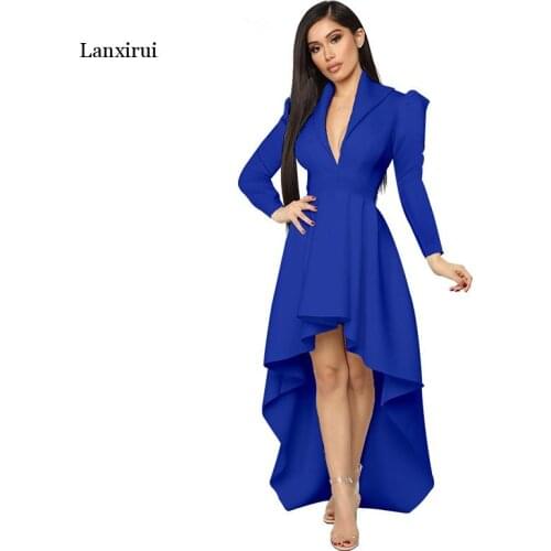 New Arrived Women Elegant Party Dress Short Front Long Back A line Long Sleeves Deep V Neck Drapped Nightclub Dresses Autumn