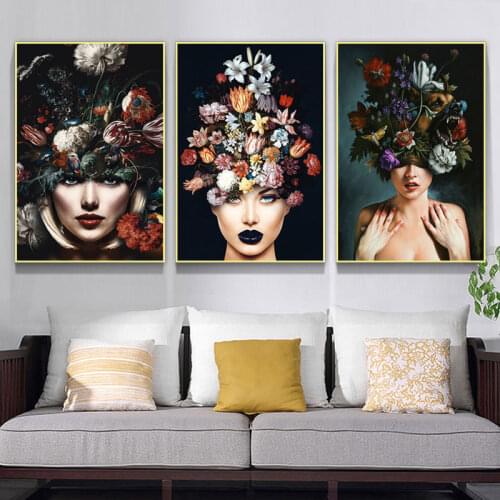 Posters And Prints Of Beauty With Flowers On The Head Abstract Woman Canvas Painting Print Wall Art Pictures Living Room Mural