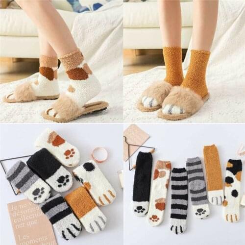 PUDCOCO Women Winter Fluffy Fuzzy Warm Slipper Socks Cute Meow Cat Paws Print Hosiery Girls Coral Fleece Sleep Floor Socks