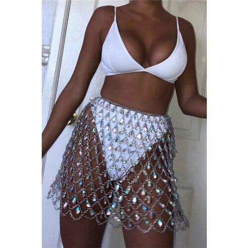Sexy Bling Body jewelry Rhinestone skirt Women befree Summer Beach Hollow Colorful gem Queen crystal Nightclub Party skirts