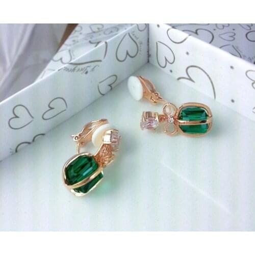 Green Crystal Cube Earrings Rhinestone Bowknot Ear Clip on Earrings Without Piercing for Women Girls Party Jewelry Ear Cuff