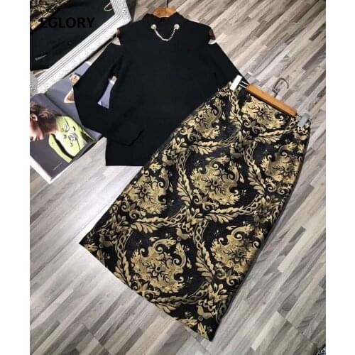 High Quality New Sweater Suits 2020 Autumn Winter Skirt Set Women Chain Necklace Deco Black Pullover Tops+Midi Vintage Skirts