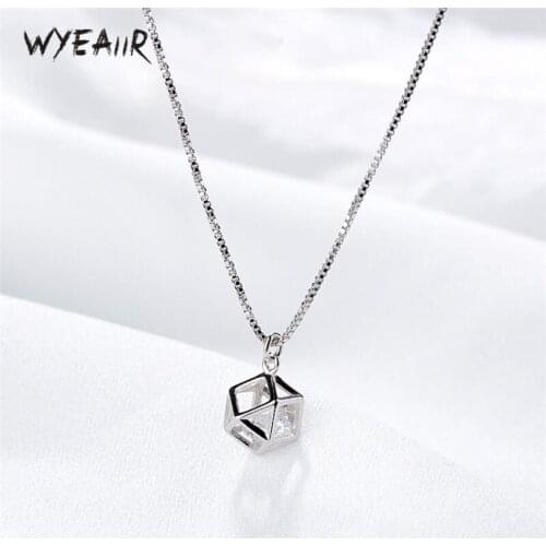 WYEAIIR Geometry Cube Crystal Pendant Cool Cute 925 Sterling Silver Clavicle Chain Female Necklace
