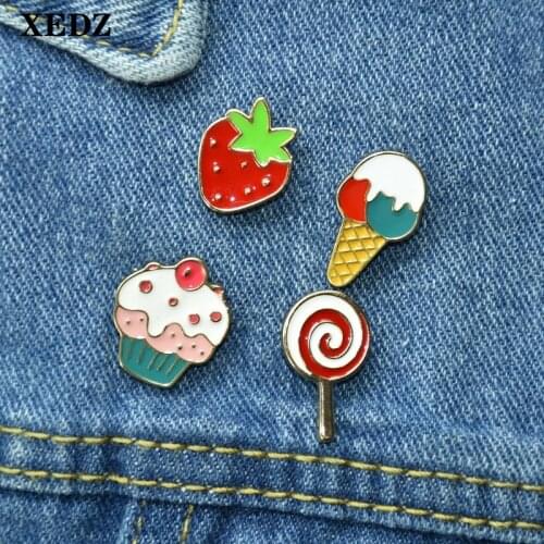 XEDZ sweet and delicious food metal fashion enamel pin lollipop ice cream strawberry cake cartoon badge clothes bag jewelry gift