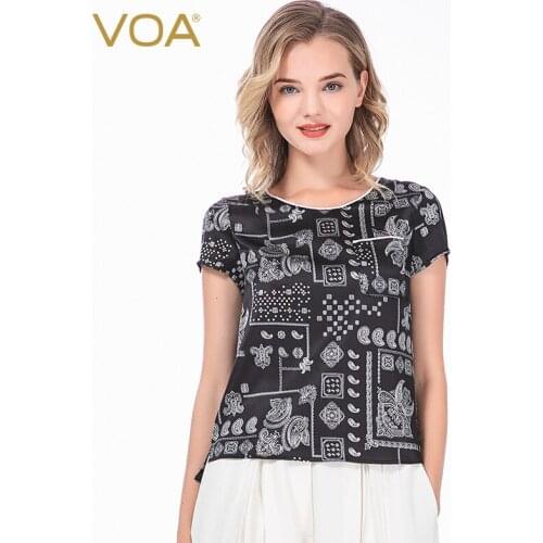 VOA Satin Micro-elastic Silk V-neck Bump Piping Loose Short Sleeve High and Low Hem Small Split Black Women T-shirt BJ31-1