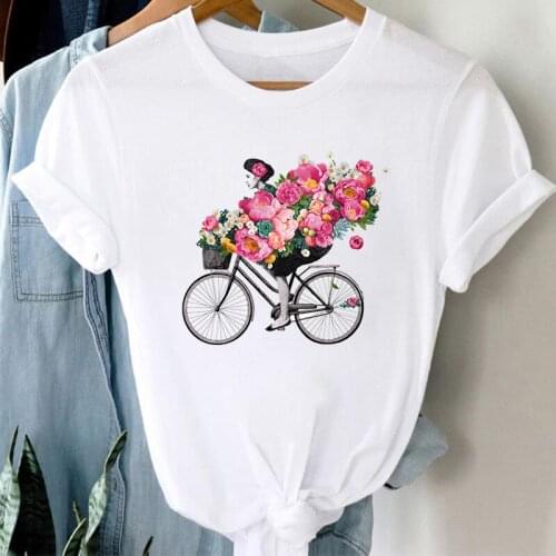 Women T-shirt 2021 Flower bicycle 90s Cartoon Graphic T shirt Fashion Casual Short Sleeve Tshirts Ladies Plus Size XXXL