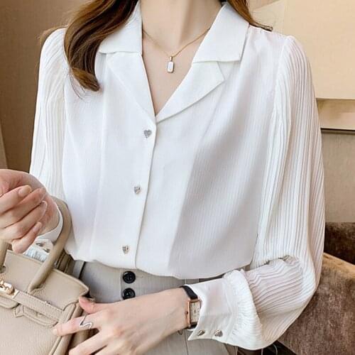 Autumn Long Sleeve Blouse Women V-Neck Chiffon White Blouse Shirt Tops Women Blusas Mujer De Moda 2021 Blouses Femme Shirts F114