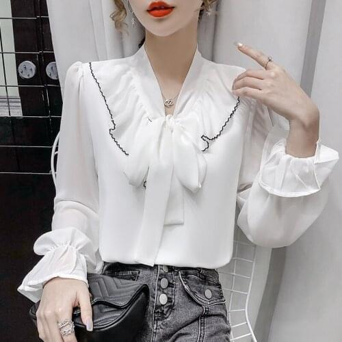 2021 New Formal Ruffles Long Sleeve Bandaged Chiffon Shirt Loose Blouse Bow Women Blouses Office Work Wear White Tops Ladies