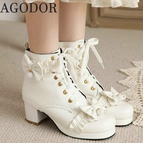 AGODOR Lolita Lace Up Ankle Boots for Women Platform Chunky Heel Cute Lace Booties Winter Woman Shoes High Heels for Ladies