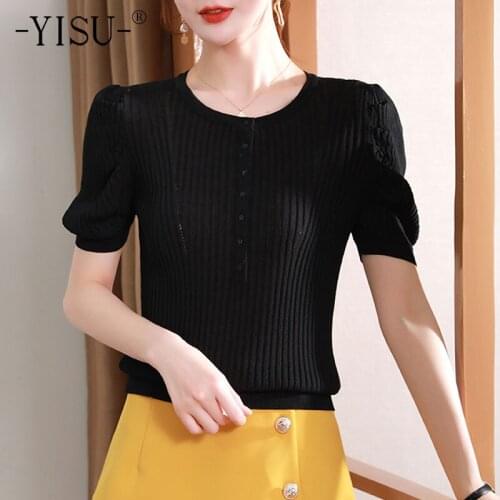 YISU 2021 Women Simple summer Thin section Sweater O-Neck Female Casual Jumper Solid color Short sleeve Knitted Pullover