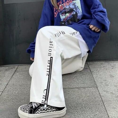 White Wide Leg Pants Men Harajuku Side Zipper Fashion Streetwear skateboard PantsHigh Waist Ankle Length Trousers