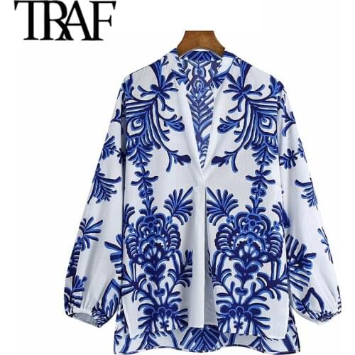 TRAF Women Chic Fashion Totem Print Asymmetric Blouses Vintage Long Sleeve Side Vents Female Shirts Chic Tops