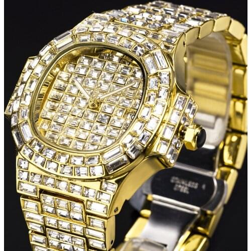 Top Brand Luxury Full Diamond Square Big Dial Calendar Mens Quartz Watch 18K Gold Waterproof Hip Hop Watches Relogio Masculino