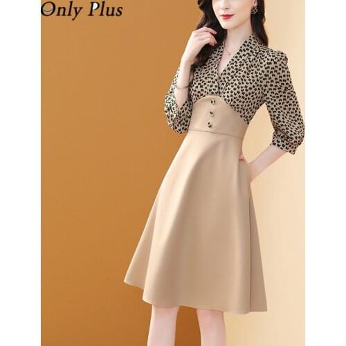 Only Plus French V-neck Dress Women Autumn 2021 New Long Sleeves Wave Point Fight Slim High Waist Temperament Fake Two Pieces